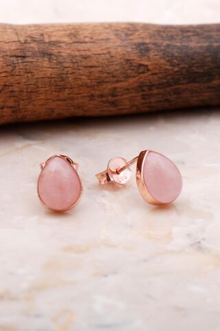 Doğal Pembe Kuvars Taşlı Damla Mini Rose Gümüş Küpe 5848