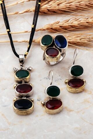 Doğal Taşlı Gümüş Tasarım Set 868