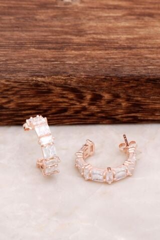 Quarz Taşlı Rose Tasarım Gümüş Halka Küpe 4578
