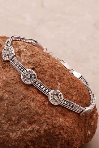 Anadolu Motifli Hasır Elişi Oksitli Tasarım Gümüş Bileklik 4327
