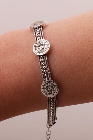 Anadolu Motifli Hasır Elişi Oksitli Tasarım Gümüş Bileklik 4327