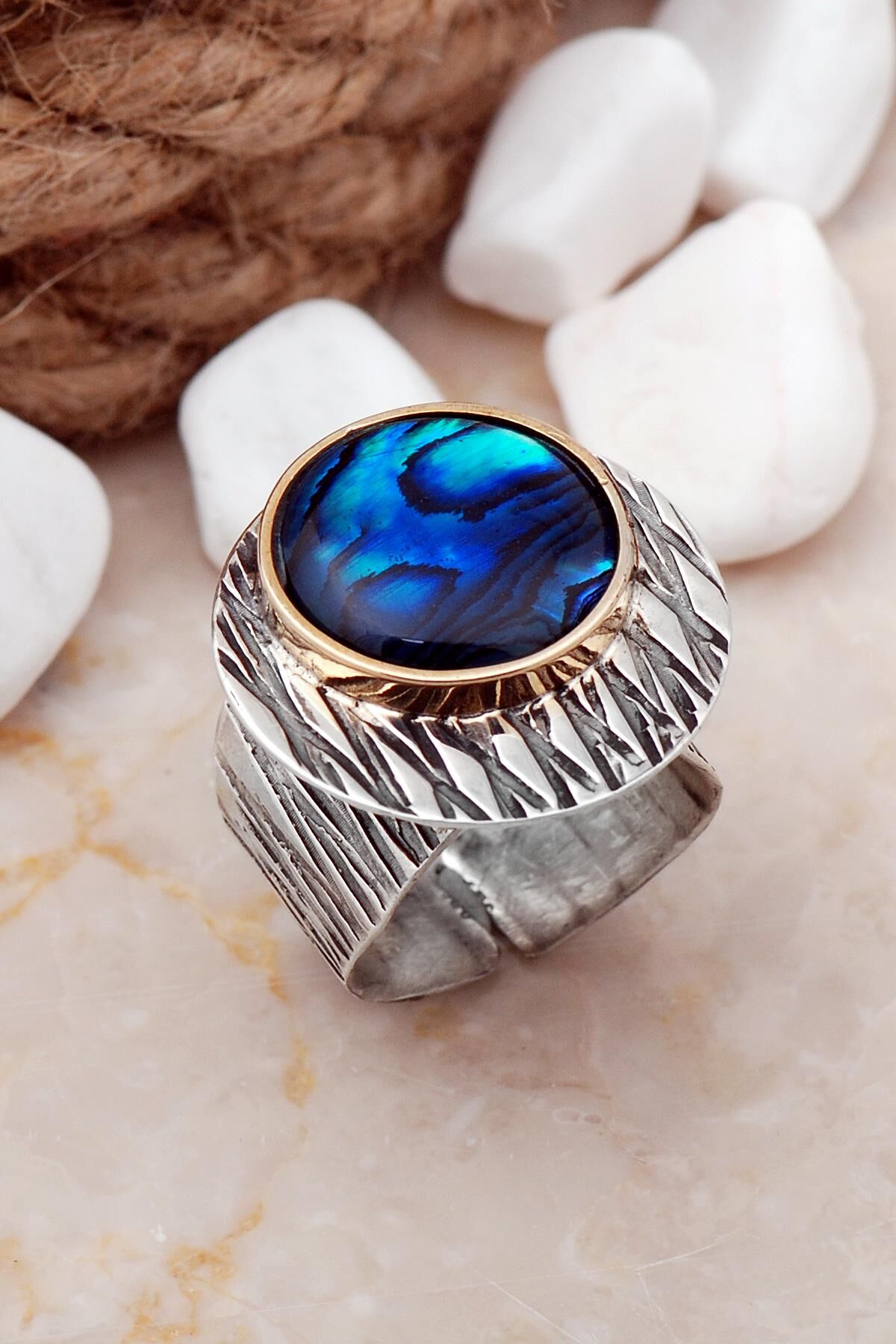 Okyanus Sedefi Taşlı Çekiç Dövme Elişi Gümüş Yüzük 3259