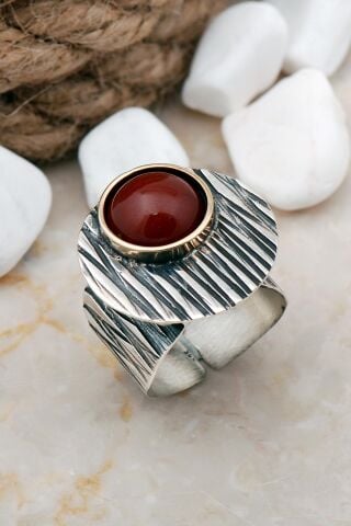 Akik Taşlı Çekiç Dövme Elişi Gümüş Yüzük 3261