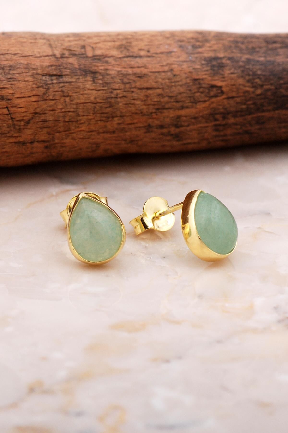 Doğal Prenhit Taşlı Damla Mini Altın Yaldızlı Gümüş Küpe 5850