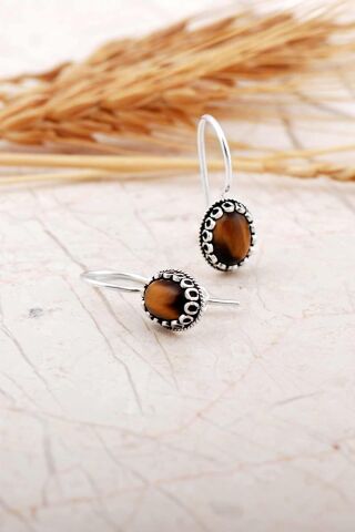 Kaplan Gözü Taşlı Mini Elişi Gümüş Küpe 7315