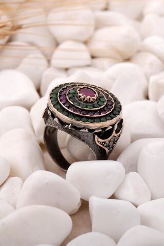 Kök Zümrüt ve Kök Yakut Taşlı Elişi Gümüş Yüzük 165