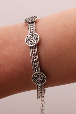 Anadolu Motifli Hasır Elişi Oksitli Tasarım Gümüş Bileklik 4331