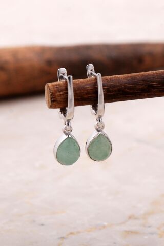 Doğal Prenhit Taşlı Damla Mini Rodyumlu Gümüş Küpe 5852