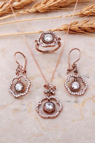 Elmas Montürlü Çiçek Rose Gümüş Set 2522