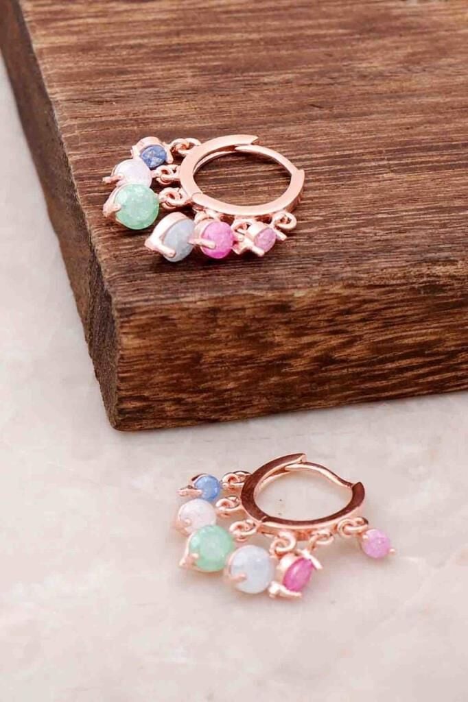 Rose Gümüş Renkli Opal Taşlı Halka Küpe 3909