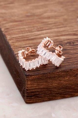 Baget Kesim Zirkon Taşlı Rose Gümüş Küpe 1444