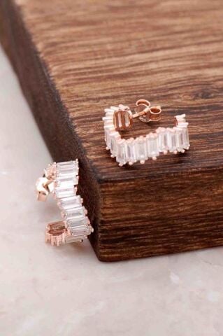 Baget Kesim Zirkon Taşlı Rose Gümüş Küpe 1444