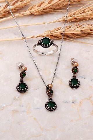 Kök Zümrüt Taşlı Mini Gümüş Set 2523