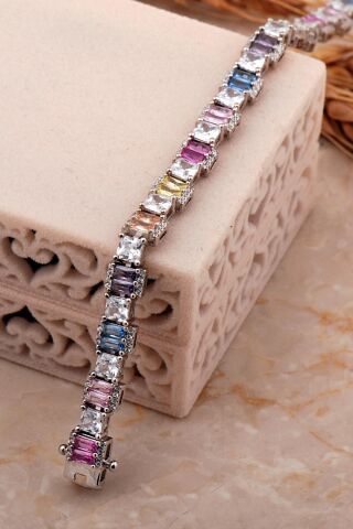 Renkli Baget Taşlı Tasarım Rodyum Kaplama Gümüş Bileklik 4649