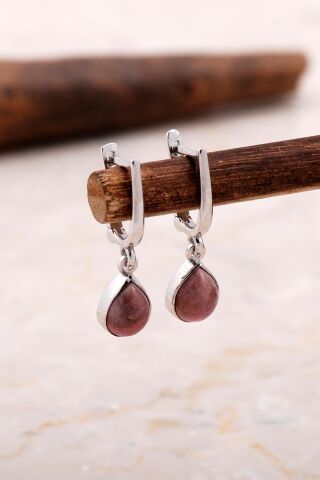 Doğal Rodonit Taşlı Damla Mini Rodyumlu Gümüş Küpe 5855