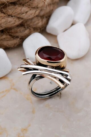 Kök Yakut Taşlı Elişi Tasarım Gümüş Yüzük 3266