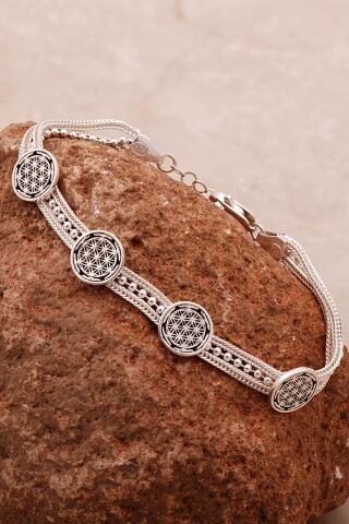 Yaşam Çiçeği Hasır Elişi Tasarım Gümüş Bileklik 4334