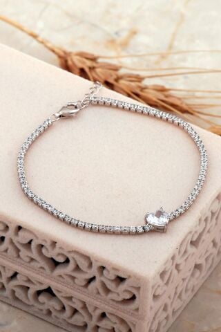 Işıltılı Kalp Su Yolu Rodyumlu Gümüş Bileklik 4651