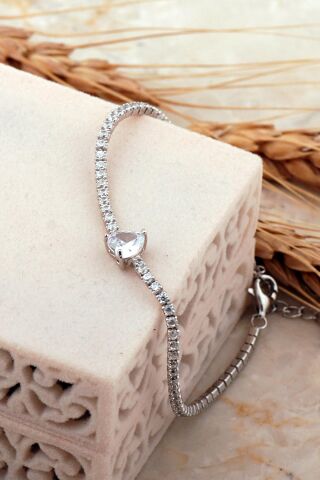 Işıltılı Kalp Su Yolu Rodyumlu Gümüş Bileklik 4651