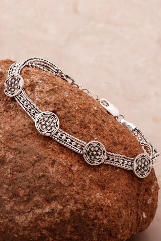 Yaşam Çiçeği Hasır Elişi Oksitli Tasarım Gümüş Bileklik 4335