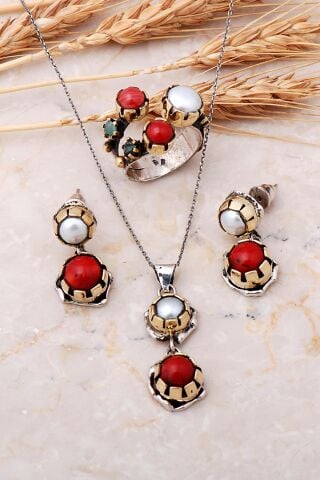 Mercan ve İncili Tasarım Elişi Gümüş Set 2526