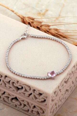 Pembe Topaz Taşlı Işıltılı Kalp Su Yolu Rodyumlu Gümüş Bileklik 4652