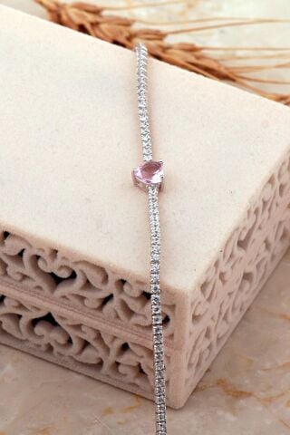 Pembe Topaz Taşlı Işıltılı Kalp Su Yolu Rodyumlu Gümüş Bileklik 4652