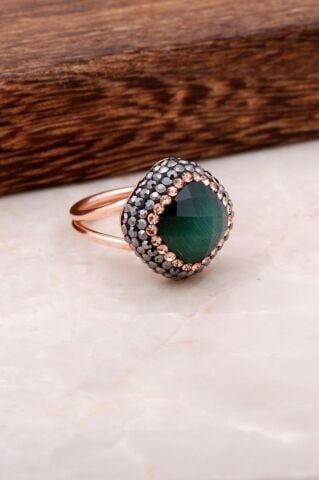 Yeşil Opal Taşlı Rose Gümüş Tasarım Yüzük 2696