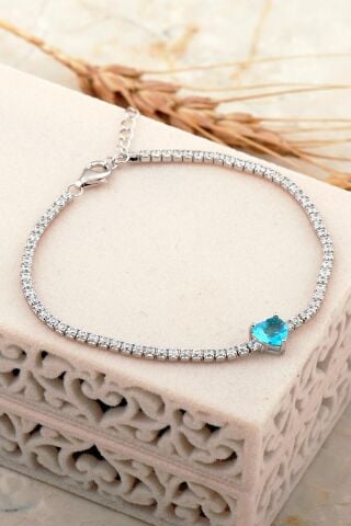 Akuamarin Taşlı Işıltılı Kalp Su Yolu Rodyumlu Gümüş Bileklik 4653