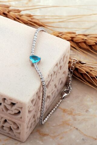 Akuamarin Taşlı Işıltılı Kalp Su Yolu Rodyumlu Gümüş Bileklik 4653