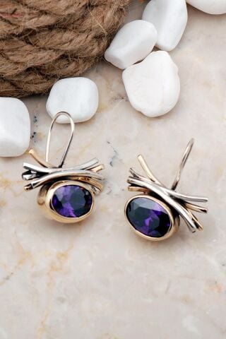 Ametist Taşlı Elişi Tasarım Gümüş Küpe 5590