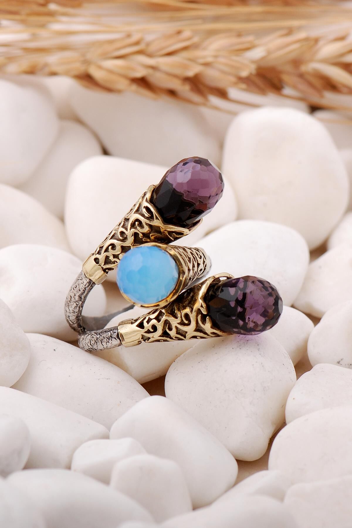 Ametist ve Ay Taşlı gümüş Yüzük 186