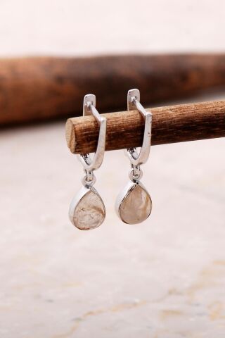 Doğal Sarı Rutil Kuvars Taşlı Damla Mini Rodyumlu Gümüş Küpe 5858