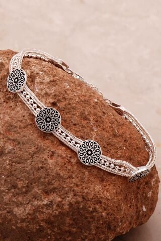 Anadolu Motifli Hasır Elişi Tasarım Gümüş Bileklik 4338