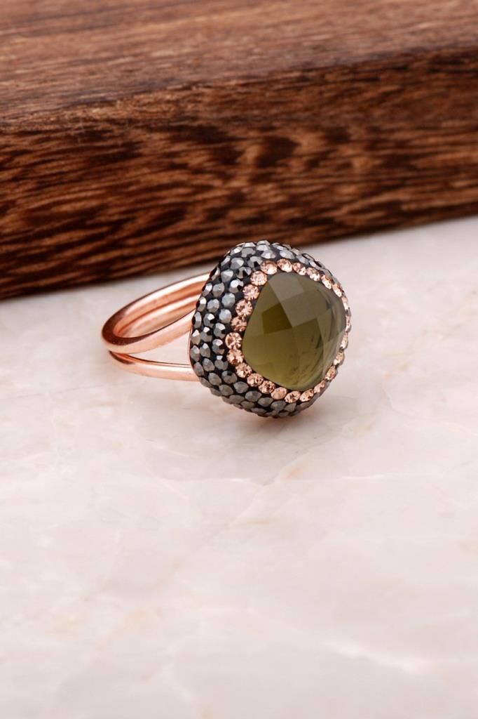 Dumanlı Quartz Taşlı Rose Gümüş Tasarım Yüzük 2697