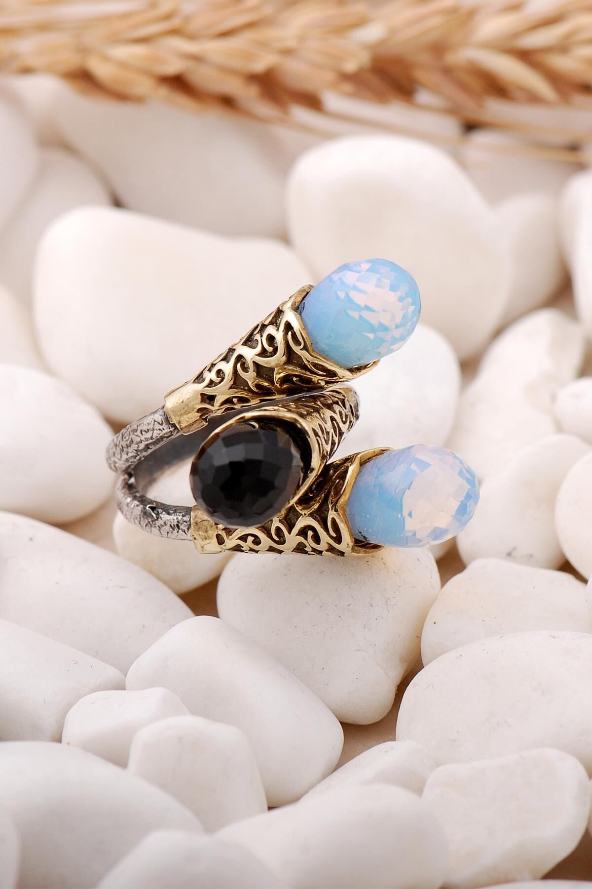 Oniks ve Ay Taşlı Gümüş Yüzük 187