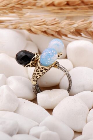 Oniks ve Ay Taşlı Gümüş Yüzük 187