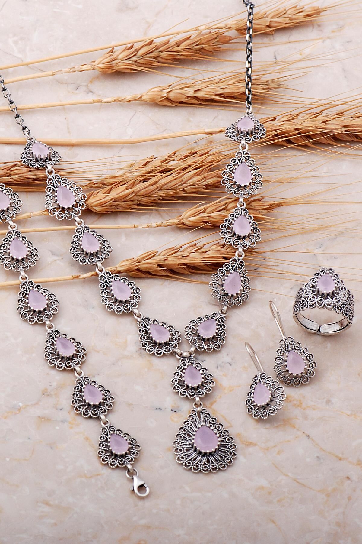 Pembe Kuvars Taşlı Damla Telkari Elişi Gümüş Set 2528