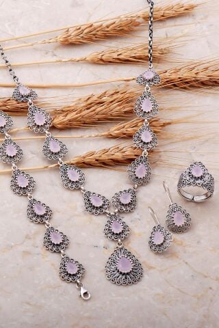 Pembe Kuvars Taşlı Damla Telkari Elişi Gümüş Set 2528