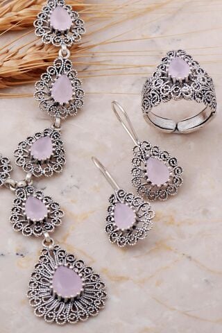 Pembe Kuvars Taşlı Damla Telkari Elişi Gümüş Set 2528