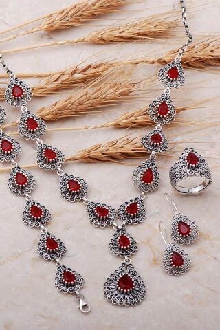 Kök Yakut Taşlı Damla Telkari Elişi Gümüş Set 2529