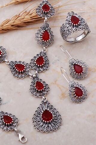 Kök Yakut Taşlı Damla Telkari Elişi Gümüş Set 2529