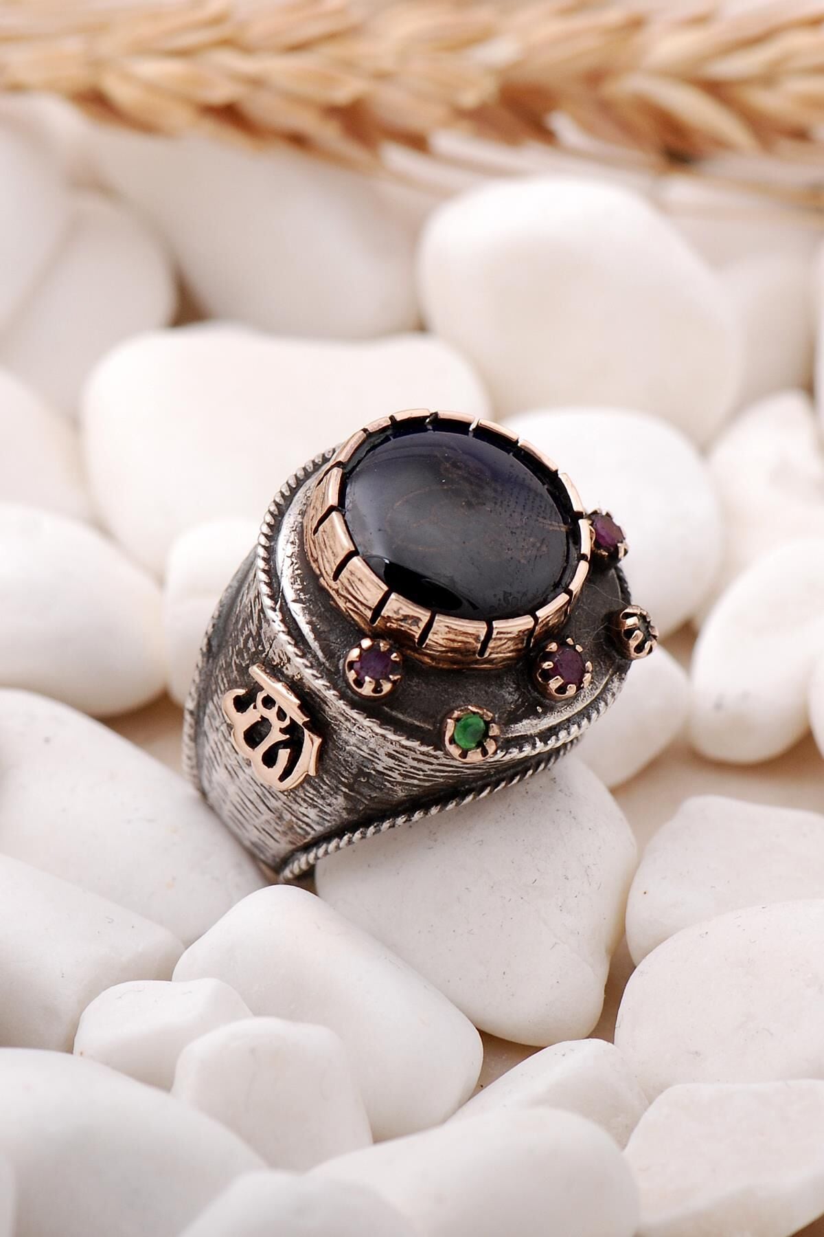 Osmanlı Tuğralı Safir Taşlı Elişi Gümüş Yüzük 189