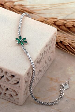 Yeşim Taşlı Çiçek Su Yolu Rodyumlu Gümüş Bileklik 4655