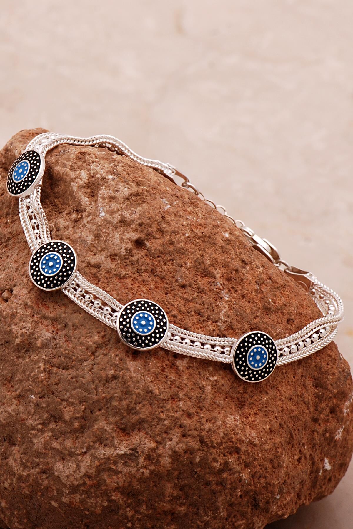 Anadolu Motifli Mineli Hasır Elişi Tasarım Gümüş Bileklik 4340