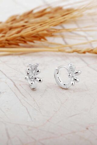 Çiçek-Kelebek Rodyumlu Gümüş Halka Küpe 7329