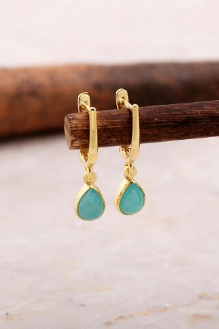 Doğal Amazonit Taşlı Damla Mini Altın Yaldızlı Gümüş Küpe 5862