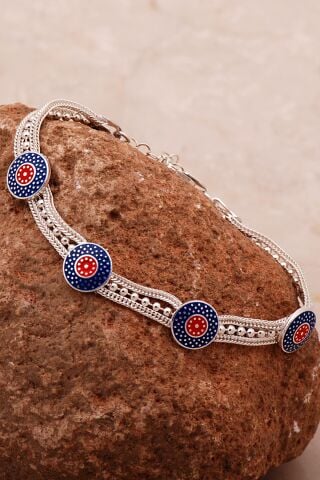 Anadolu Motifli Mineli Hasır Elişi Tasarım Gümüş Bileklik 4341