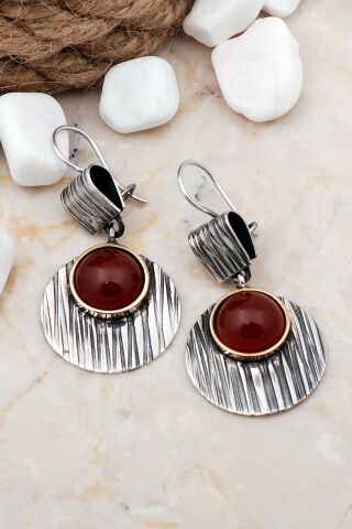 Akik Taşlı Çekiç Dövme Elişi Gümüş Küpe 5595