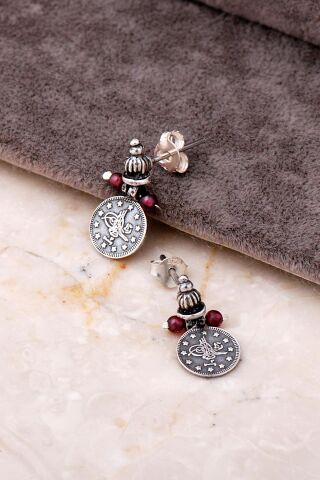 Osmanlı Tuğralı Ametist Taşlı Mini Gümüş Küpe 5759